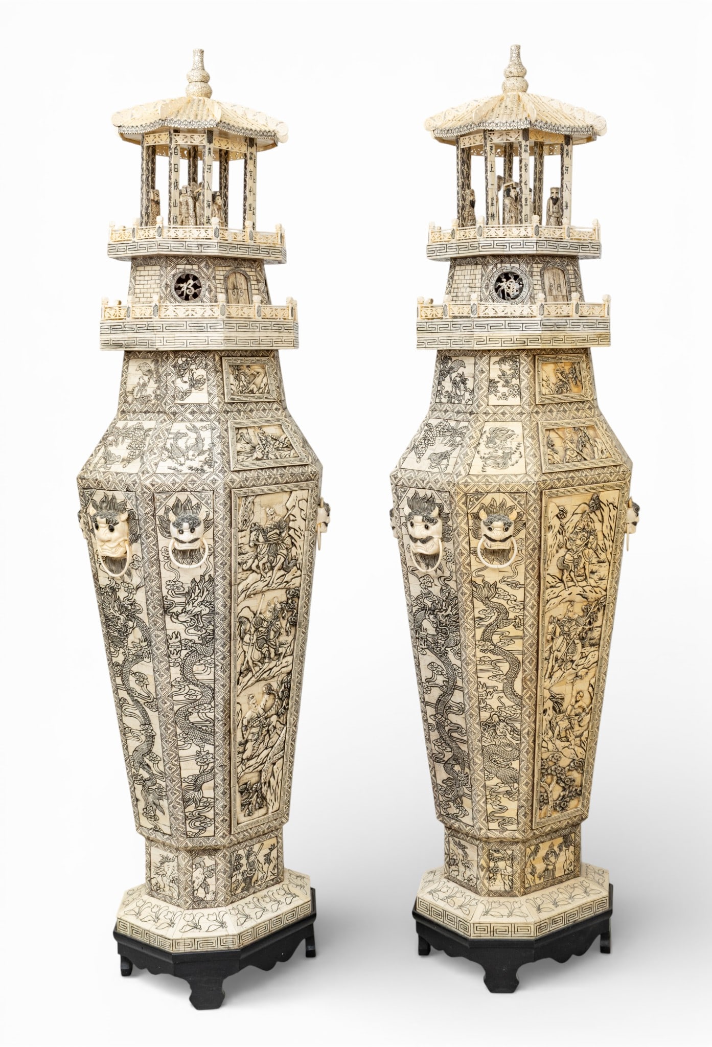 Chinese Qianlong Style Palace Size Carved and Etched Tessellated Bone Pagoda Vases, C. 1980, H 84" W: Chinese Qianlong Style Palace Size Carved and Etched Tessellated Bone Pagoda Vases, C. 1980, H 84" W 26" Depth 18" 1 PAIR Of tapered hexagonal form. Base consisting of six stacked panels of figures