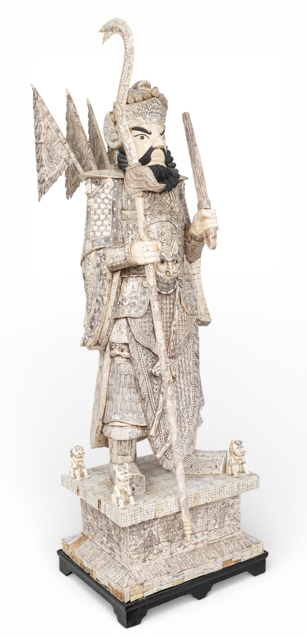 Chinese Monumental Etched Tessellated Bone Sculpture of Zhang Fei, 20th C., H 92" W 31.5" Depth: Chinese Monumental Etched Tessellated Bone Sculpture of Zhang Fei, 20th C., H 92" W 31.5" Depth 25.5" Life size standing figure of the fierce Three Kingdoms period Chinese general Zhang Fei.