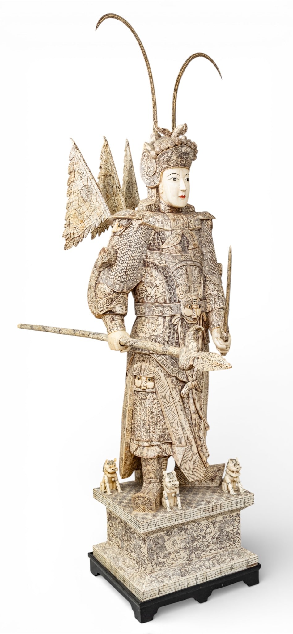 Chinese Monumental Etched Tessellated Bone Sculpture of the Warrior, 20th C., 'Lu Bu', H 92" W 27.5" (1 of 15)