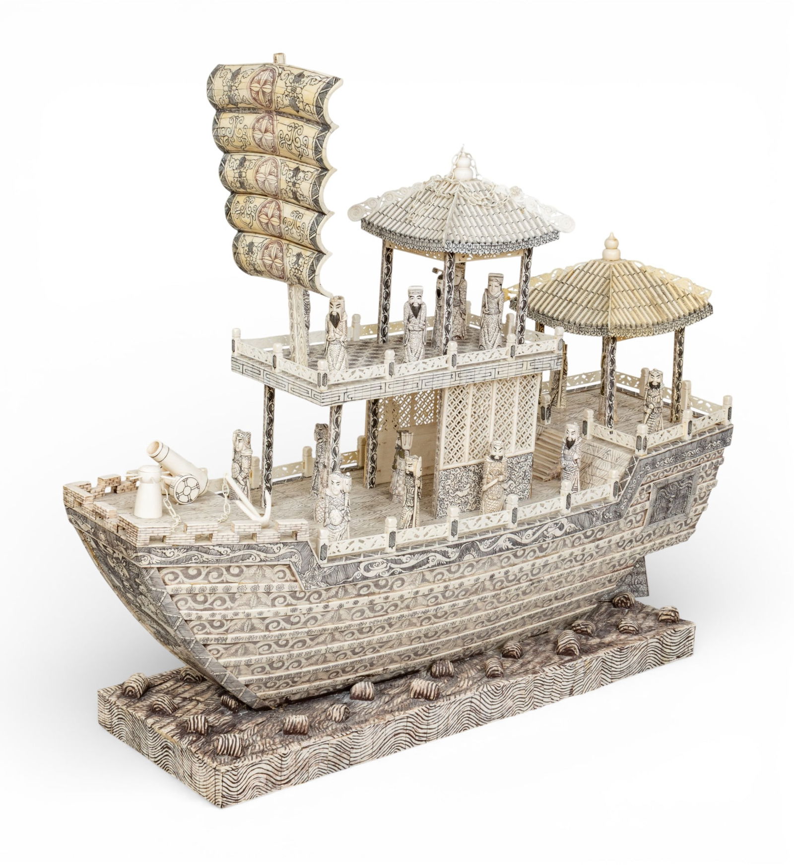 Chinese Monumental Etched Tessellated Bone Pleasure Boat, 20th C., H 39" W 15.5" L 50" (1 of 12)