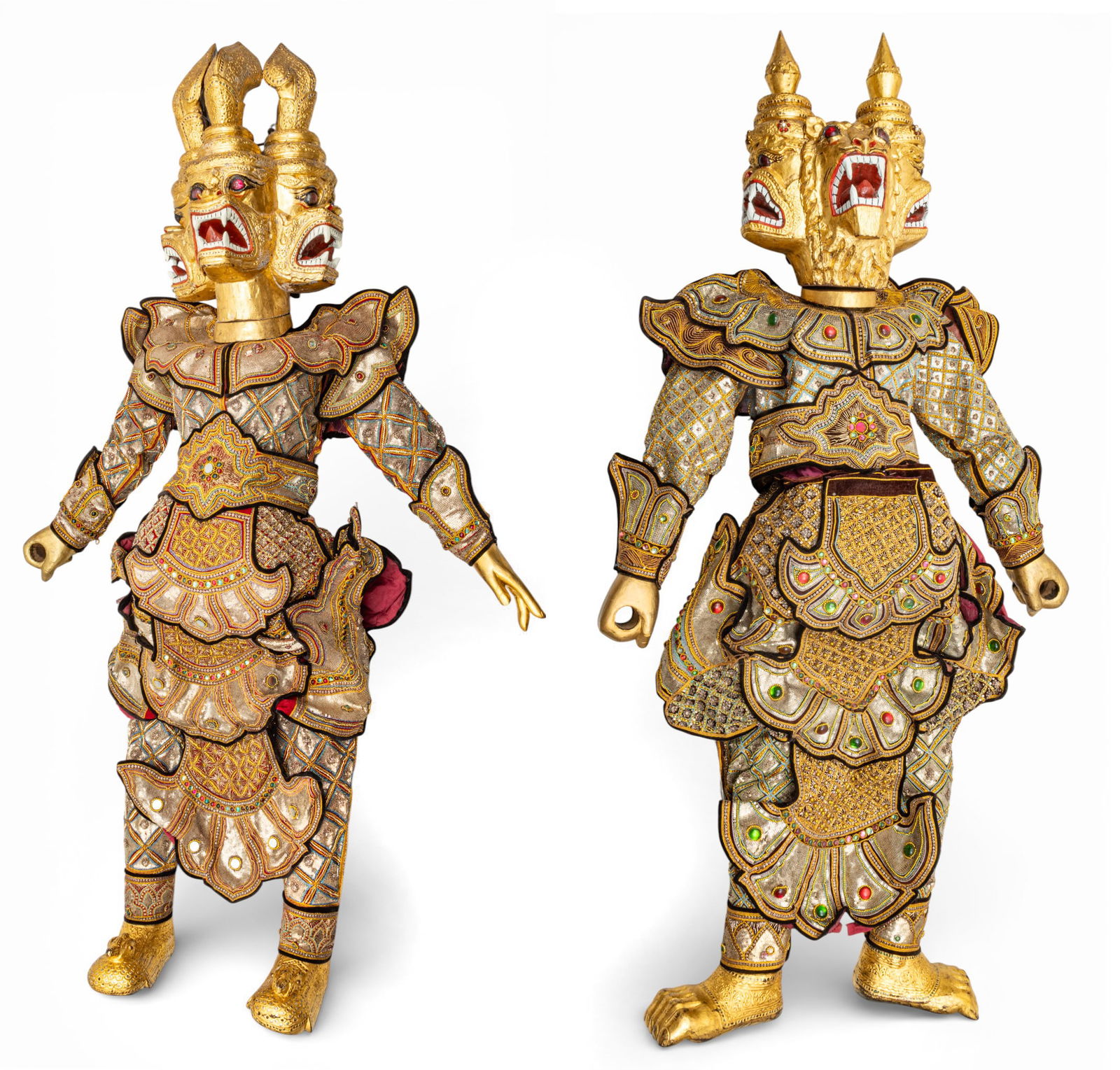 Thai Gilded Wood and Textile Monumental Yaksha Figures, C.1980, H 84" W 24" Depth 15" 1 PAIR: Thai Gilded Wood and Textile Monumental Yaksha Figures, C.1980, H 84" W 24" Depth 15" 1 PAIR Each having mythical beast masks with open mouths, sharp teeth, and golden finish. Heavily