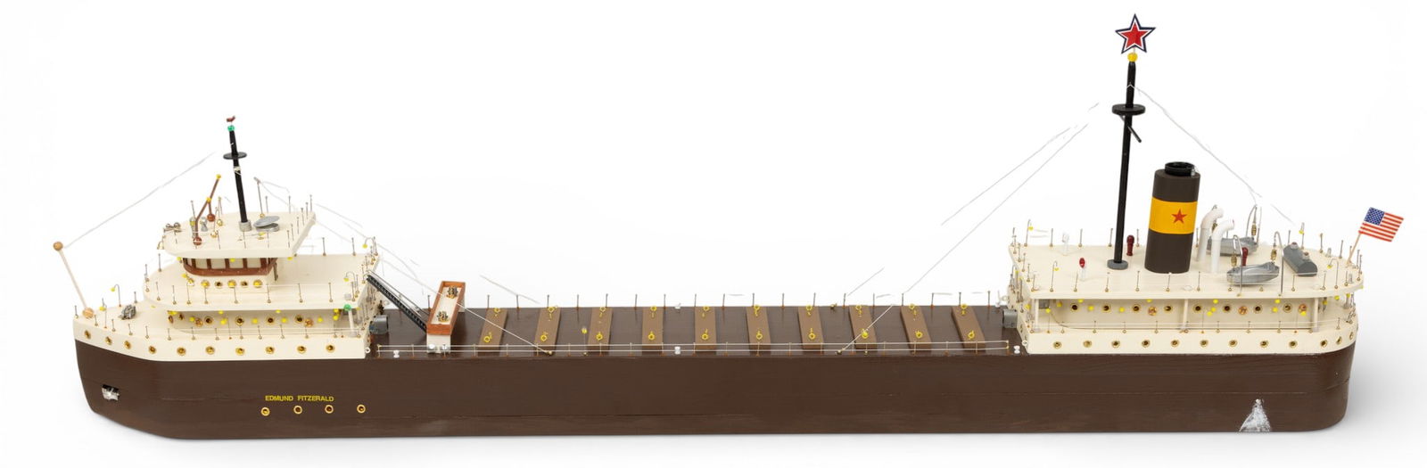 Ronnie M. Bonello, (American 20th/21st C.) Painted Pine Ship Model 'SS Edmund Fitzgerald', H 15" W: Ronnie M. Bonello, (American 20th/21st C.) Painted Pine Ship Model 'SS Edmund Fitzgerald', H 15" W 5.25" L 47" Hand crafted model representing the SS Edmund Fitzgerald. The SS Edmund