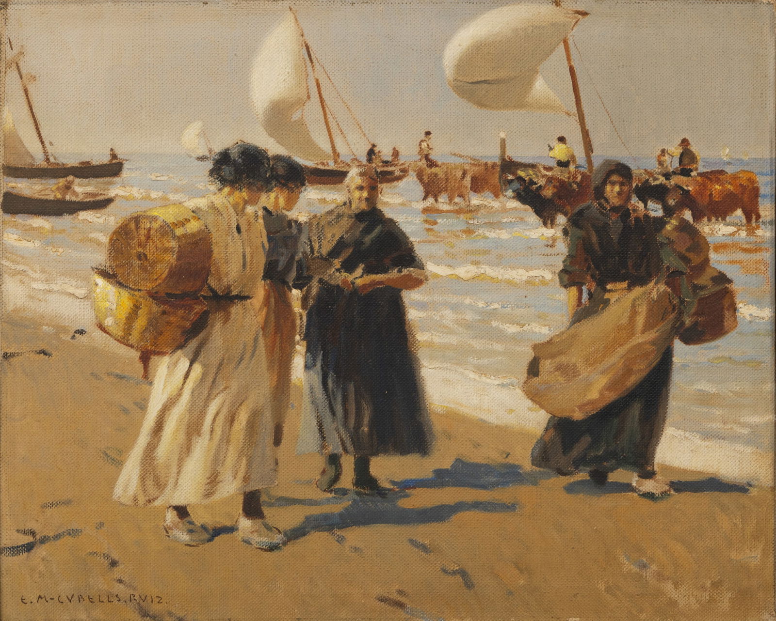 Enrique Martinez Cubells Y Ruiz (Spanish, 1874-1947) Oil on Canvas, Early 20th C., 'Fishing Boats: Enrique Martinez Cubells Y Ruiz (Spanish, 1874-1947) Oil on Canvas, Early 20th C., 'Fishing Boats and Figures on the Shore', H 21" W 26.75" Frame Size: H 30" W 35" Signed lower left. Depicting