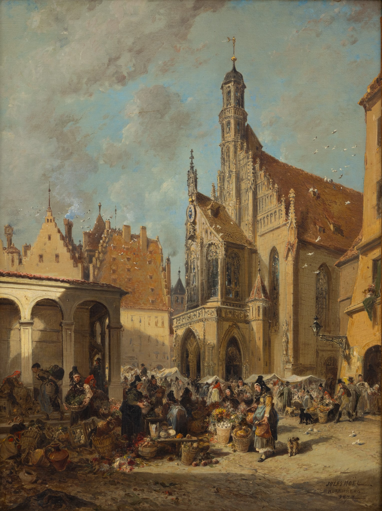 Jules Achille Noël (French, 1815-1881) Oil on Canvas, 1872, 'Market Day, Nuremberg, Germany', H: Jules Achille Noël (French, 1815-1881) Oil on Canvas, 1872, 'Market Day, Nuremberg, Germany', H 25.5" W 19" Frame Size: H 24.25" W 28" Signed, dated and located (Nuremberg) in the lower right.