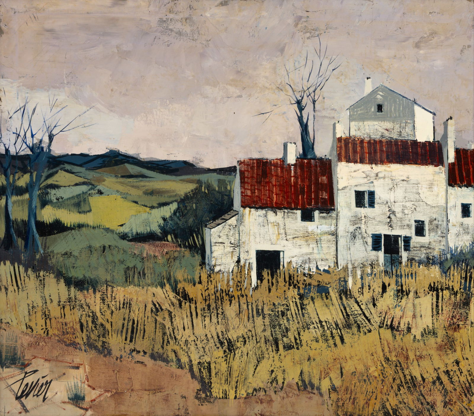 Charles Levier (French, 1920-2003) Oil on Canvas, Ca. 1970, 'La Ferme', H 23.5" W 29.25" Frame Size:: Charles Levier (French, 1920-2003) Oil on Canvas, Ca. 1970, 'La Ferme', H 23.5" W 29.25" Frame Size: H 32" W 38" Signed lower left. Signed and titled verso. Landscape with rolling hills, a white
