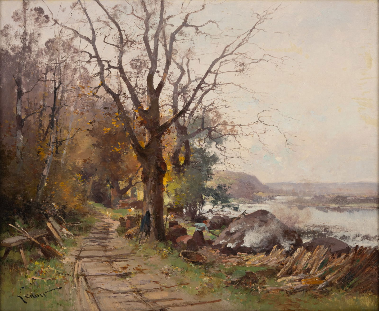 Maurice Lenoir (French, 1872-1931) Oil on Canvas, Ca. 1910, 'Leaf Burning at the River's Edge', H: Maurice Lenoir (French, 1872-1931) Oil on Canvas, Ca. 1910, 'Leaf Burning at the River's Edge', H 18" W 21.5" Frame Size: H 23.75" W 27.25" Signed lower left. Autumn riverscape with woman burning