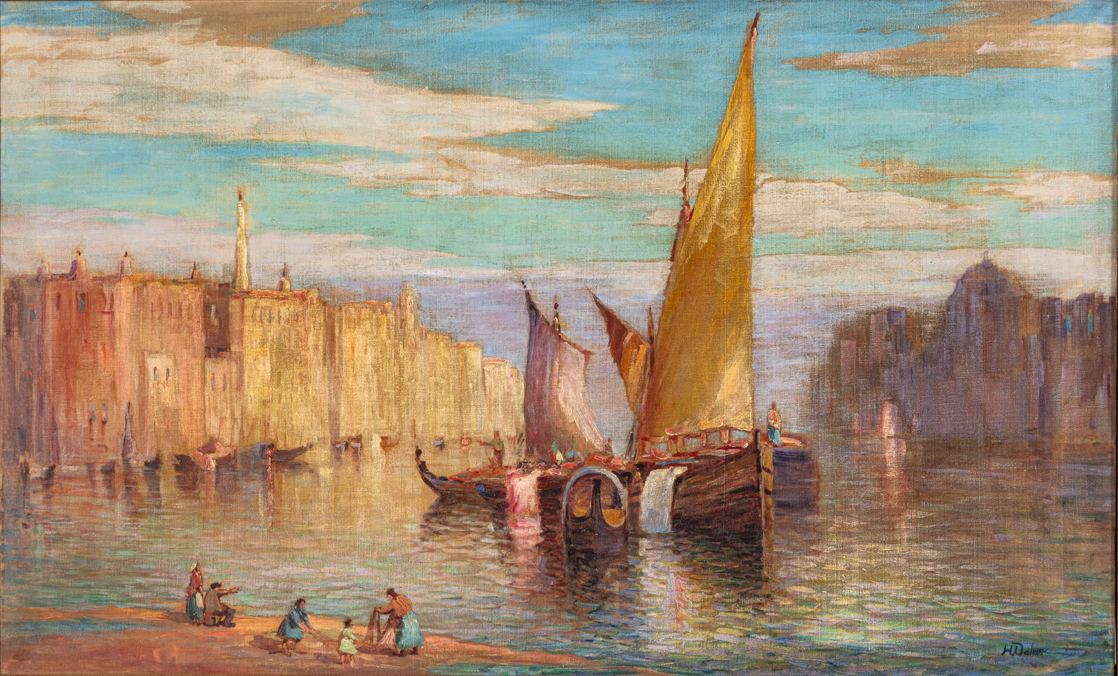 Harold Walker (American, 1890-1966) Oil on Canvas 'Venetian Sailing Scene', H 22" W 36" Frame Size: (1 of 8)