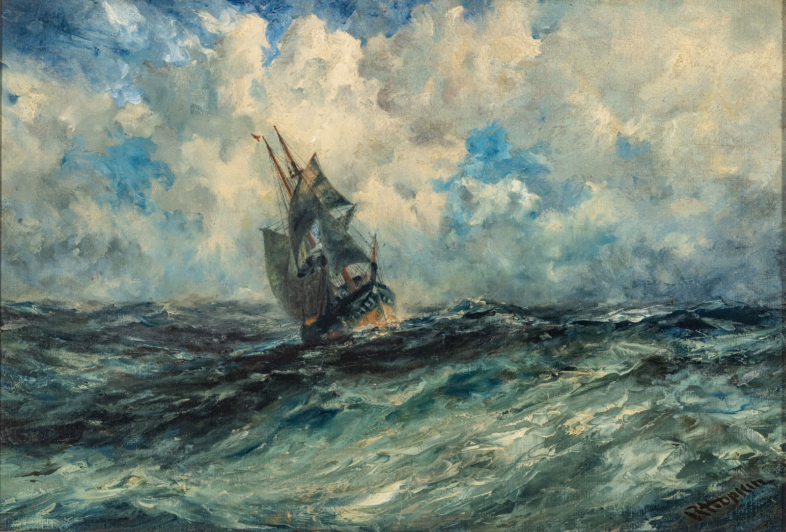 Robert Hopkin (American, 1832-1909) Oil on Canvas, Ca. 1900, 'Clipper on the High Seas', H 24" W 36": Robert Hopkin (American, 1832-1909) Oil on Canvas, Ca. 1900, 'Clipper on the High Seas', H 24" W 36" Frame Size: H 29" W 41" Signed lower right. Depicting a clipper ship navigating high seas. 