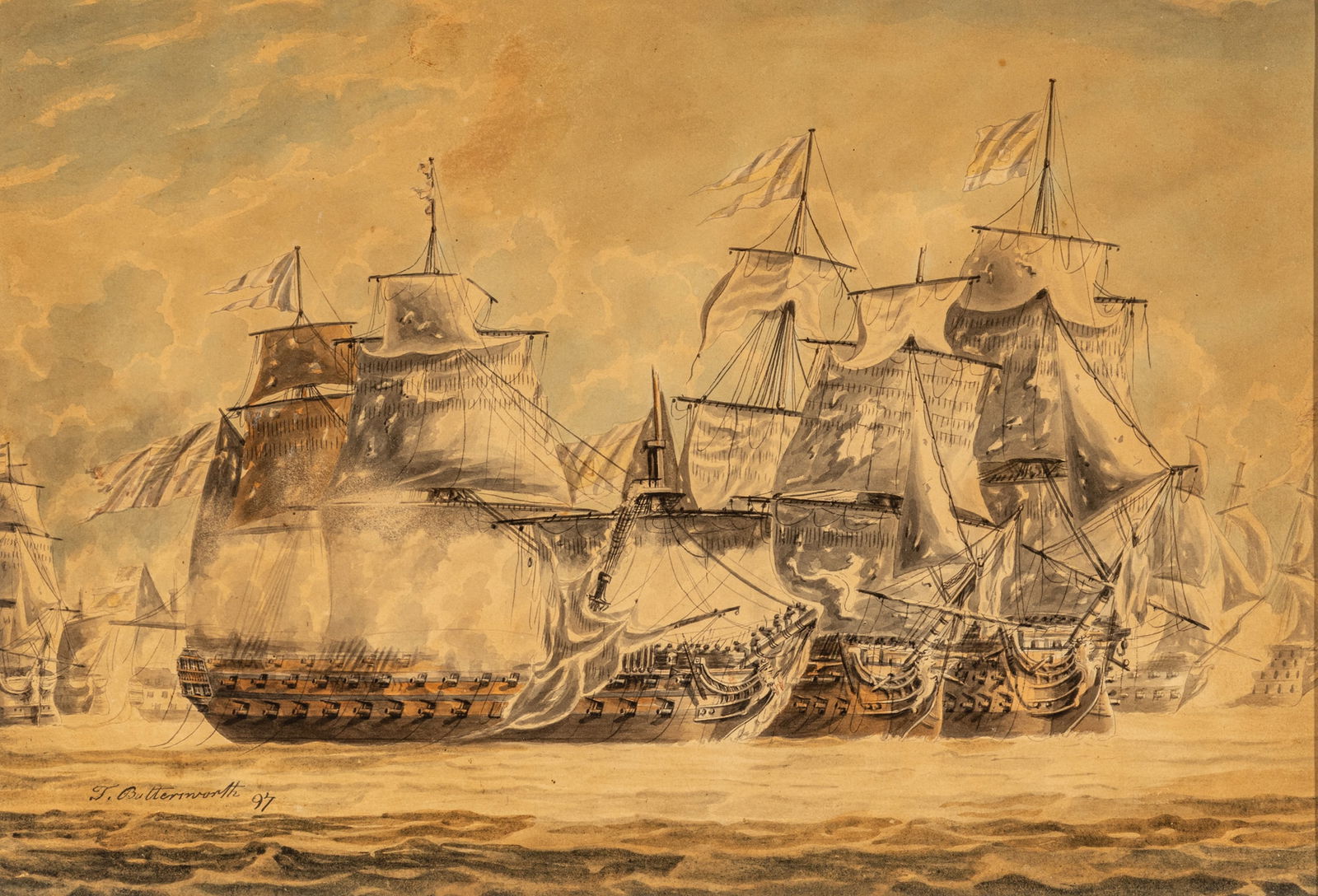 Thomas Buttersworth (English, 1768-1842) Ink and Gouache on Paper, 1797, 'Battle of Cape St. (1 of 10)