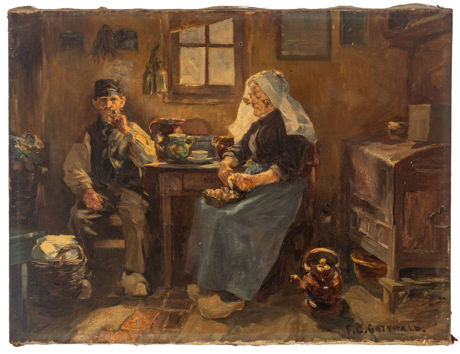 Frederick Carl Gottwald (USA, 1861-1941) Oil on Canvas 'Interior Scene with Figures', H 17" W 23" (1 of 11)