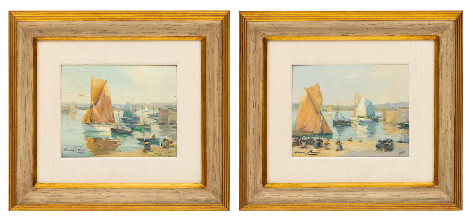 Henri Buron (French, 1880-1969) Oils on Beveled Wood Panels, 1946, 'Breton Riverscapes', H 8.5" W (1 of 13)