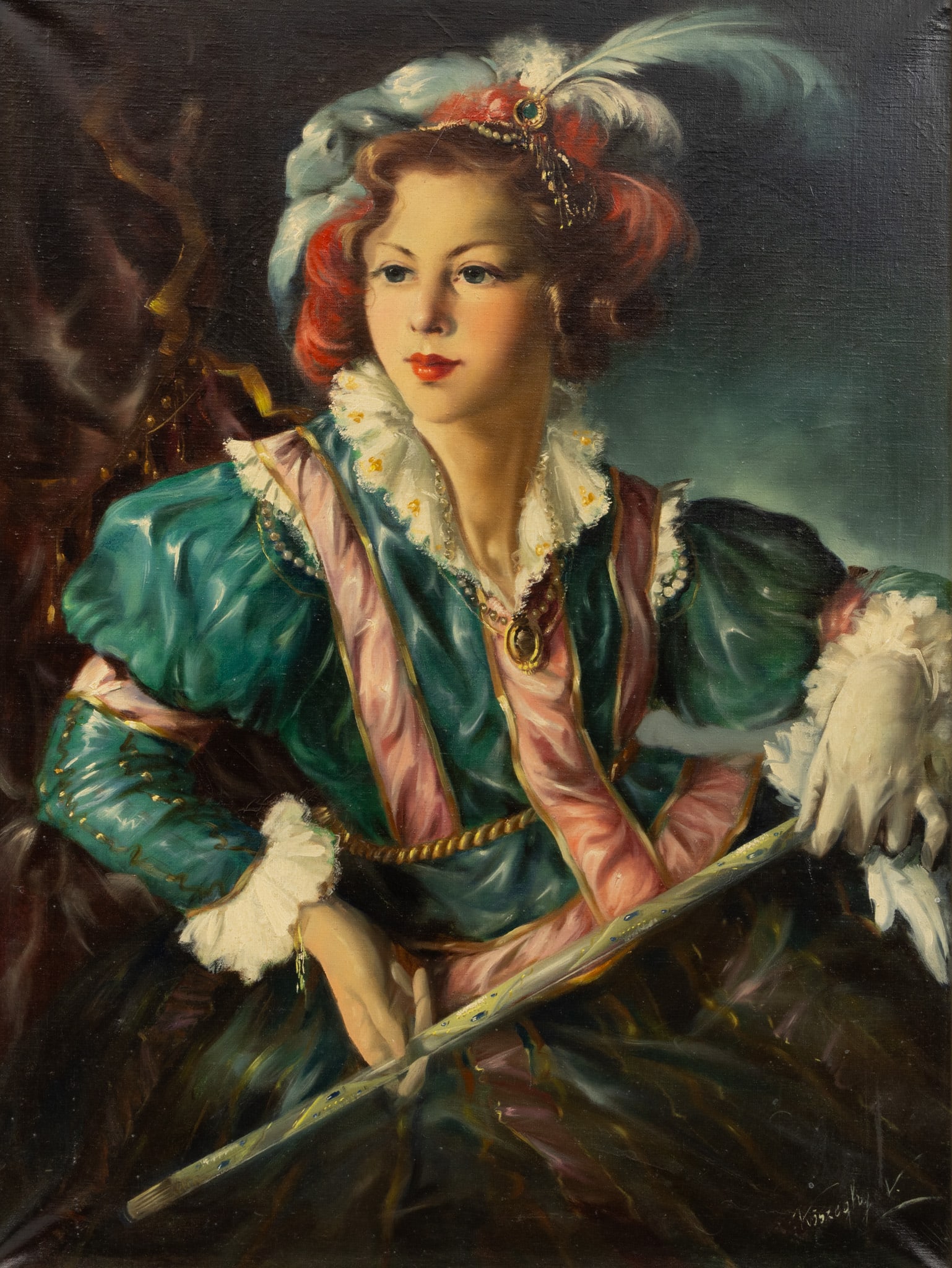 Violetta Koszeghy (Hungarian, 1928-2012) Oil on Canvas 1940-1950, 'Fantasy Portrait of a Woman', H: Violetta Koszeghy (Hungarian, 1928-2012) Oil on Canvas 1940-1950, 'Fantasy Portrait of a Woman', H 32" W 24" Frame Size: H 41" W 33" Depicting an elegant woman in 17th c. inspired costume including: A