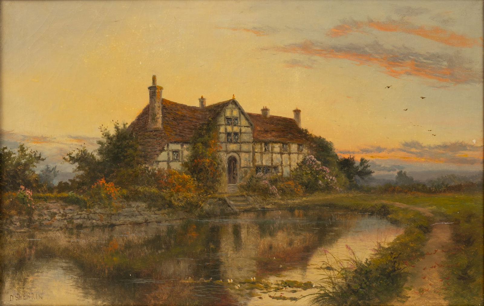 Daniel Sherrin (English, 1868-1940) Oil on Canvas 1900-1915, 'the Manor House', H 24" W 36" Frame: Daniel Sherrin (English, 1868-1940) Oil on Canvas 1900-1915, 'the Manor House', H 24" W 36" Frame Size: H 29" W 41" Depicting an English manor house in a blossoming spring landscape. Signed lower left