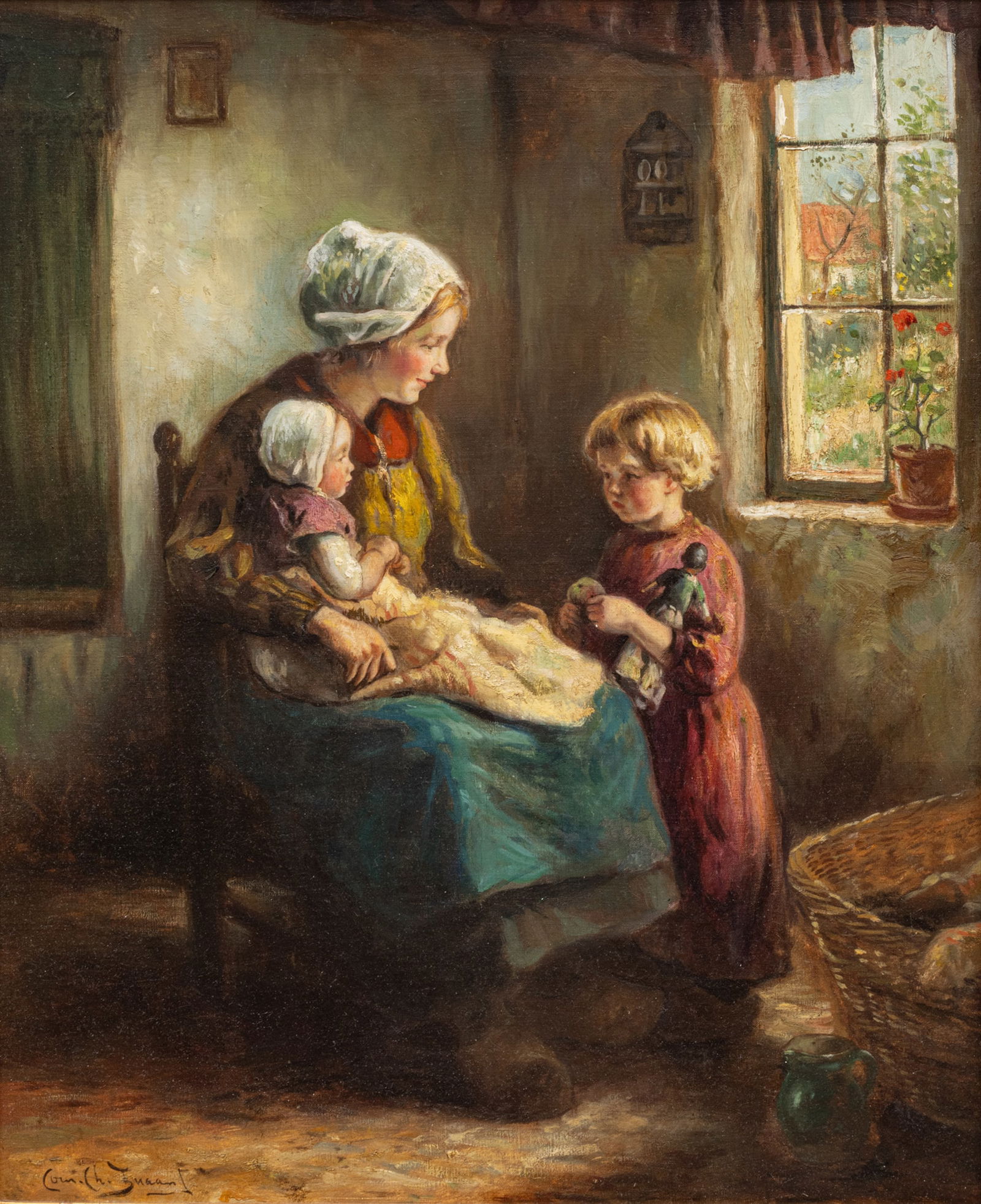 Cornelius Christian Zwaan Oil on Canvas Interior Scene of Mother with Her Children H 22" W 18" Frame (1 of 9)