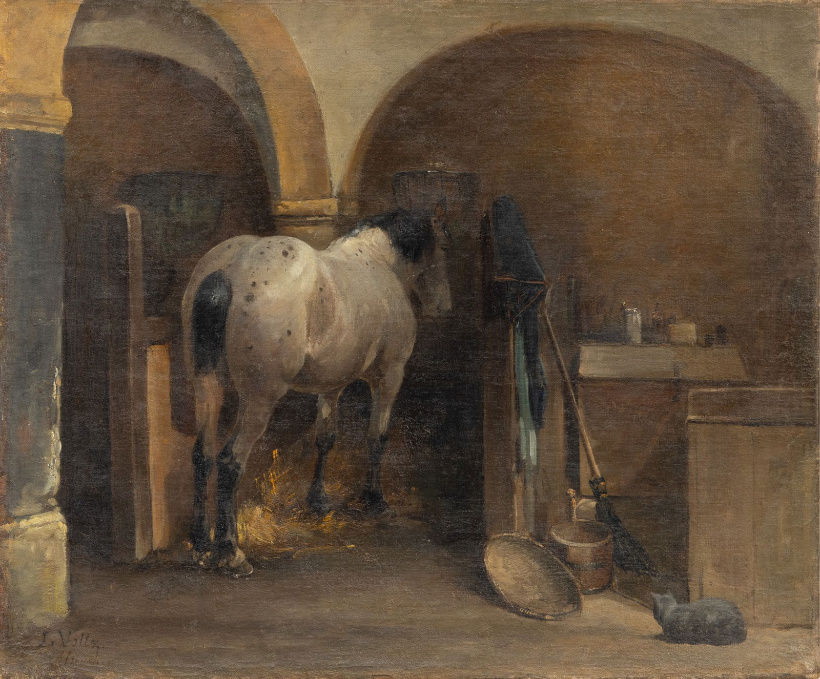 Ludwig Gustave Voltz (German, 1825-1911) Oil on Canvas 1870-1880, 'Horse in a Stable', H 15" W 18" (1 of 4)
