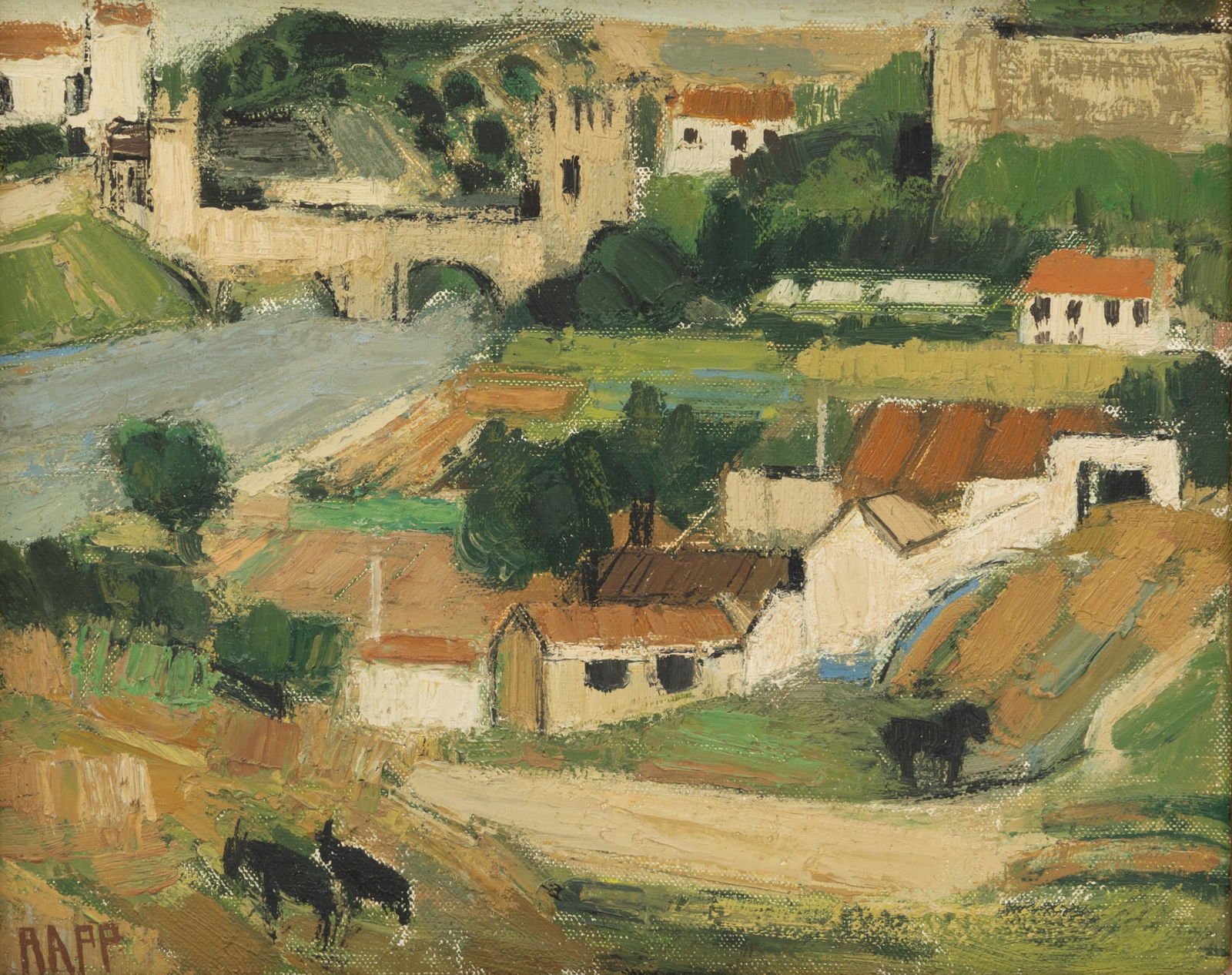 Ginette Rapp (French, 1928-1998) Oil on Canvas, Ca. 1980, 'Spanish Riverscape', H 8.75" W 10.75": Ginette Rapp (French, 1928-1998) Oil on Canvas, Ca. 1980, 'Spanish Riverscape', H 8.75" W 10.75" Frame Size: H 17.75" W 20" Signed lower left. Depicting a hilly landscape with a Spanish town along a r