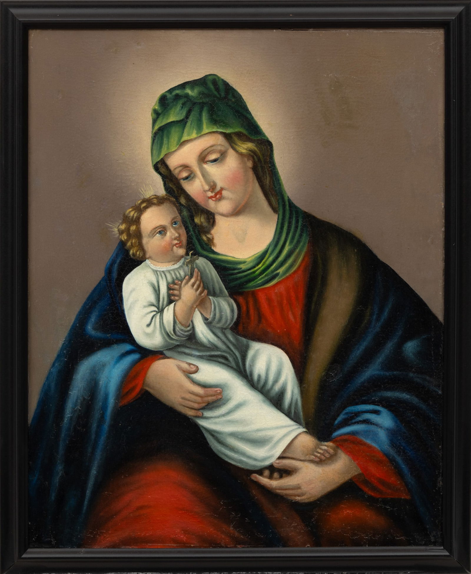 European Oil on Canvas, 19th/early 20th C., 'Madonna and Child', H 27" W 22" Frame Size: H 30" W (1 of 3)