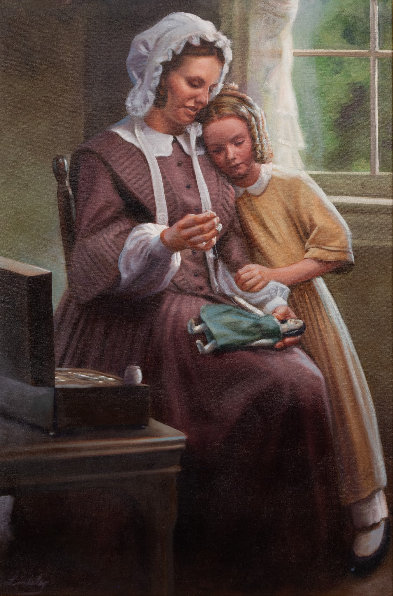 David Lindsey (American) Oil on Canvas Sewing a Doll H 36" W 24" Frame Size: H 47" W 34" (1 of 5)