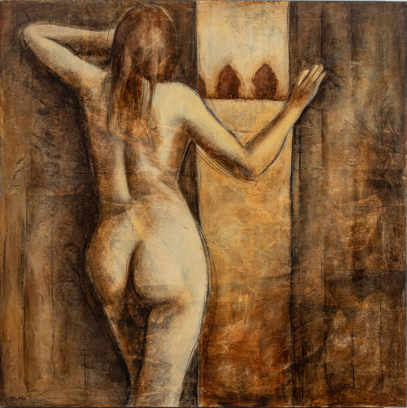 Laura Bowman (American / 20th C.) Oil on Wood Panel 20th C., 'Female Nude', H 49" W 48": Laura Bowman (American / 20th C.) Oil on Wood Panel 20th C., 'Female Nude', H 49" W 48" Depicting a female looking through a partially open door. Signed lower left. We would like to thank Laura Bowman