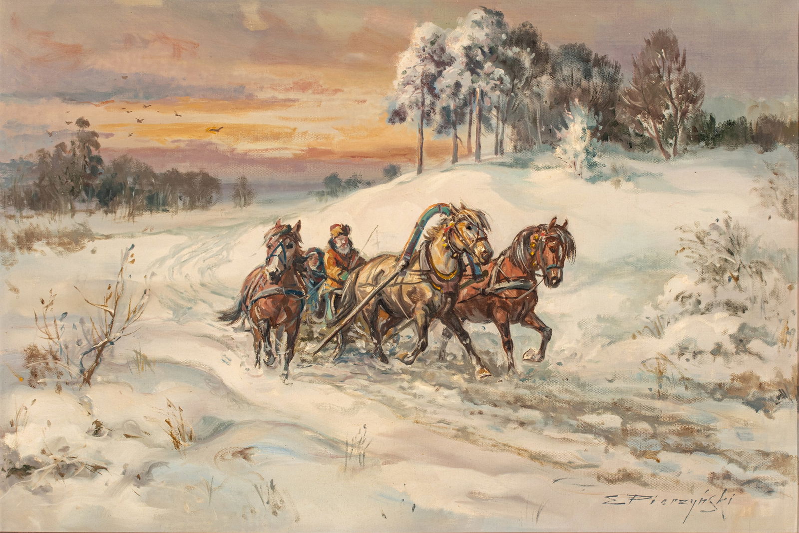 Edward Pierzynski (Polish, B. 1921) Oil on Canvas, 20th Cent., H 24" W 36" Frame Size: H 35.5" W: Edward Pierzynski (Polish, B. 1921) Oil on Canvas, 20th Cent., H 24" W 36" Frame Size: H 35.5" W 47.5" Depth 2" Edward Pierzynsk (Polish, B. 1921- Possibly 2015) framed. Signed lower right. Couple in