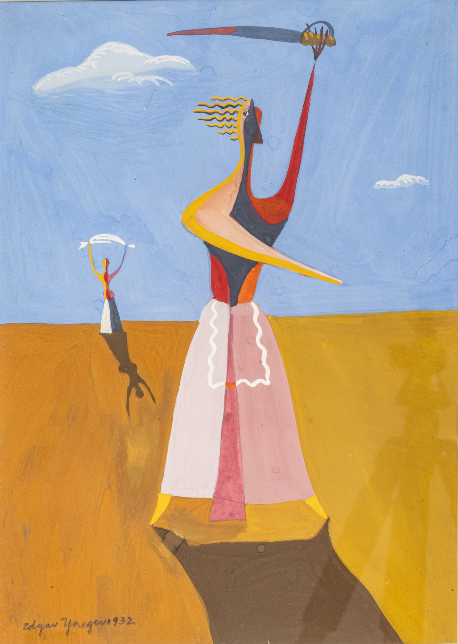 Edgar Louis Yaeger (American, 1904-1997) Gouache and Pencil on Paper 1932, 'Woman Wielding a Sword',: Edgar Louis Yaeger (American, 1904-1997) Gouache and Pencil on Paper 1932, 'Woman Wielding a Sword', H 12" W 8.25" Frame Size: H 16.25" W 12.75" Signed and dated lower left. Matted and framed under ac
