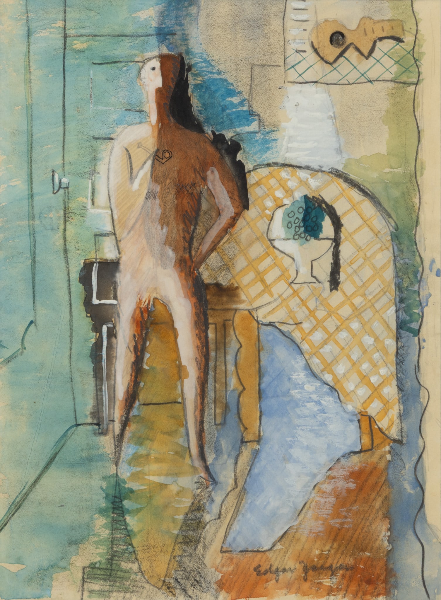 Edgar Louis Yaeger (American, 1904-1997) Gouache and Pencil on Paper, Ca. 1930-40, 'Surreal Interior: Edgar Louis Yaeger (American, 1904-1997) Gouache and Pencil on Paper, Ca. 1930-40, 'Surreal Interior with Figure Holding a Pipe', H 10.125" W 7.5" Frame Size: H 14.5" W 12" Signed lower right. Matted