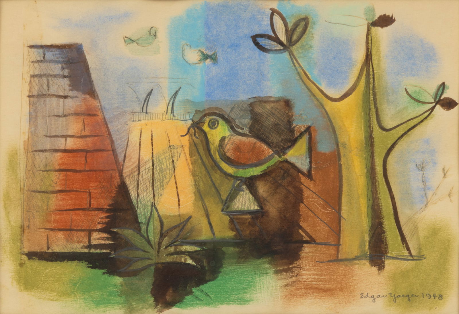 Edgar Louis Yaeger (American, 1904-1997) Gouache and Pencil on Paper 1948, 'Three Birds', H 6.5" W (1 of 4)