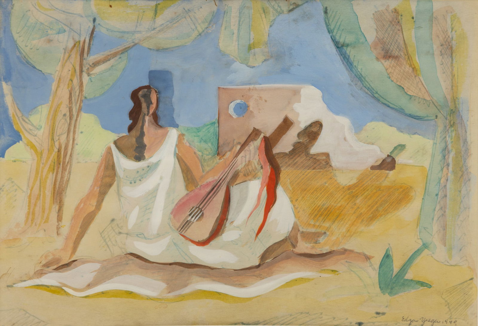 Edgar Louis Yaeger (American, 1904-1997) Gouache and Pencil on Paper 1949, 'Woman with a Lute', H: Edgar Louis Yaeger (American, 1904-1997) Gouache and Pencil on Paper 1949, 'Woman with a Lute', H 6.5" W 9.5" Frame Size: H 11.125" W 14.125" Signed and dated lower right. Matted and framed under acry