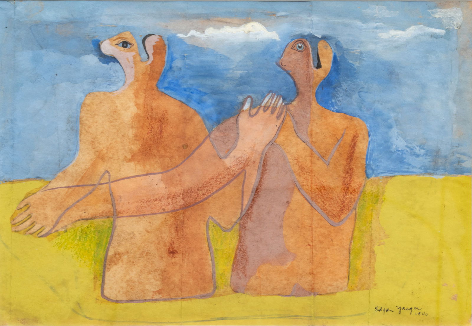 Edgar Louis Yaeger (American, 1904-1997) Gouache and Pencil on Paper 1940, 'Surrealist Figures', H: Edgar Louis Yaeger (American, 1904-1997) Gouache and Pencil on Paper 1940, 'Surrealist Figures', H 6" W 8.75" Frame Size: H 10.375" W 13.125" Signed and dated lower right. Matted and framed under acry