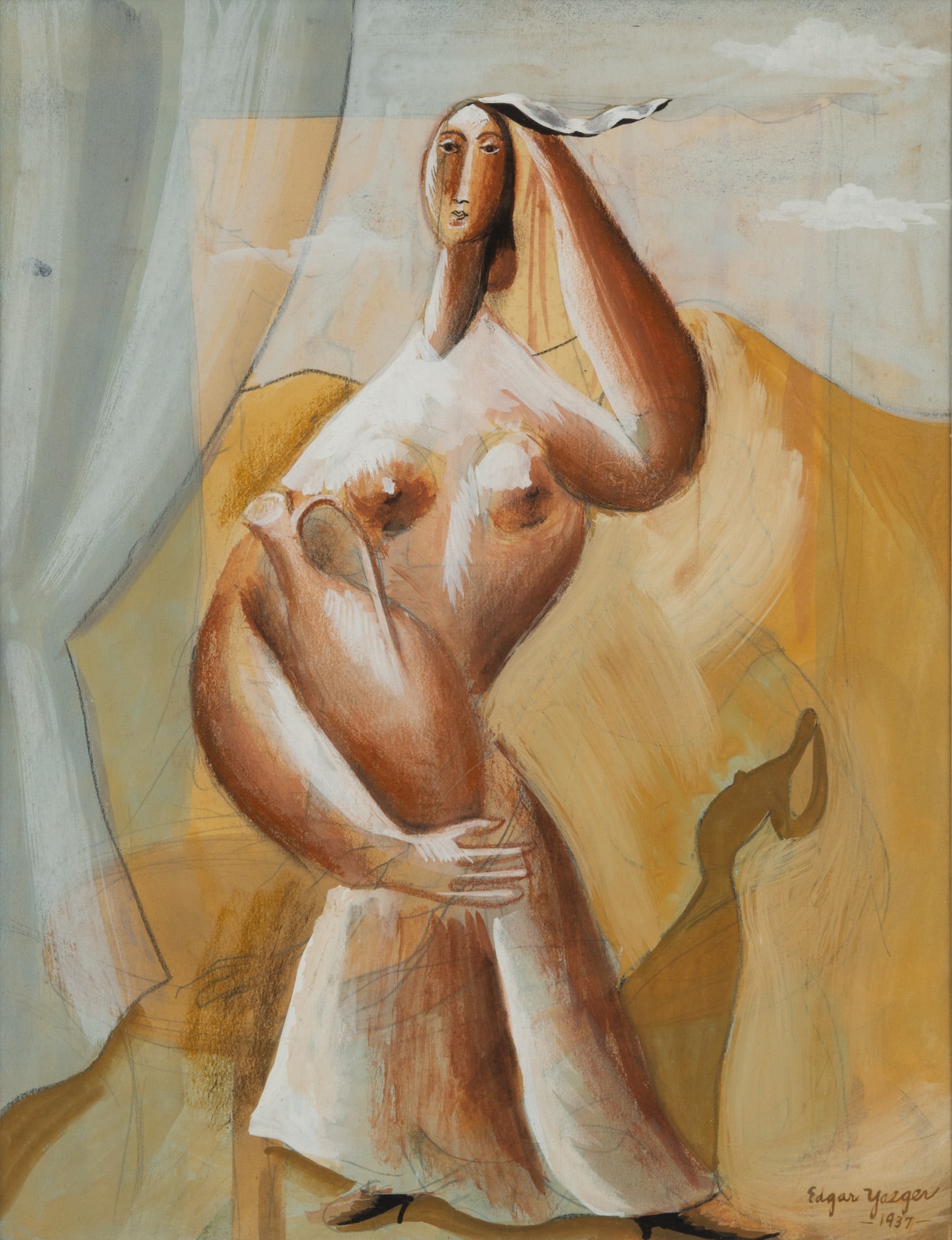 Edgar Louis Yaeger (American, 1904-1997) Gouache and Pencil on Paper 1937, 'Woman with Ceramic Jug',: Edgar Louis Yaeger (American, 1904-1997) Gouache and Pencil on Paper 1937, 'Woman with Ceramic Jug', H 11.5" W 8.75" Frame Size: H 16.125" W 13.625" Signed and dated lower right. Matted and framed und