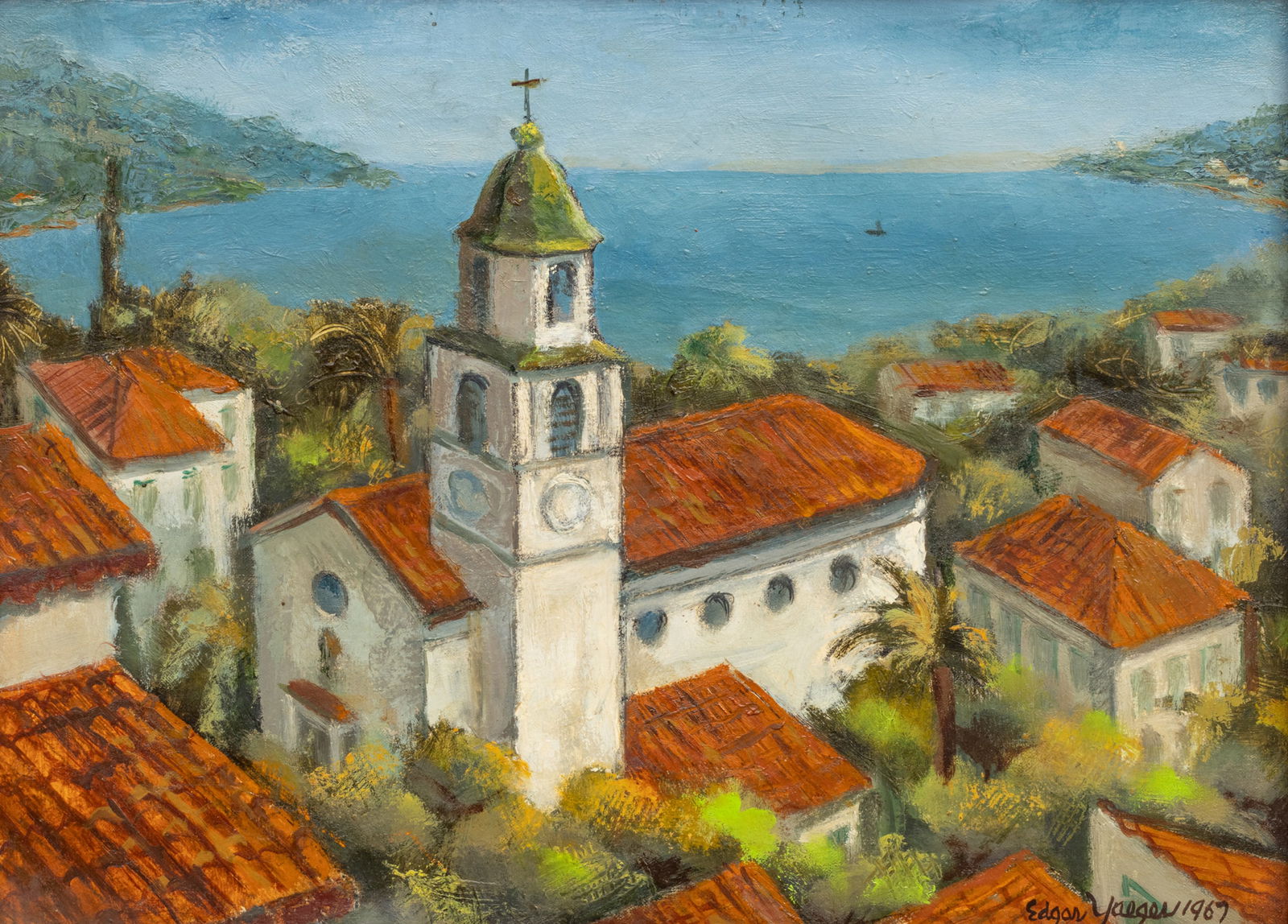 Edgar Louis Yaeger (American, 1904-1997) Oil on Canvas 1967, 'Spanish Village', H 13" W 17.5" Frame: Edgar Louis Yaeger (American, 1904-1997) Oil on Canvas 1967, 'Spanish Village', H 13" W 17.5" Frame Size: H 18.5" W 23" Signed lower right. Depicting a Spanish coastal city characterized by whitewashe