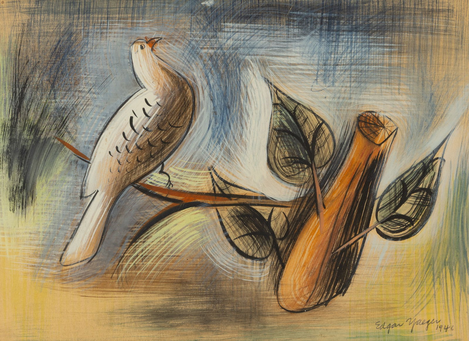 Edgar Louis Yaeger (American, 1904-1997) Gouache on Paper Bird Perched on Branch 1946, H 8.25" W (1 of 4)