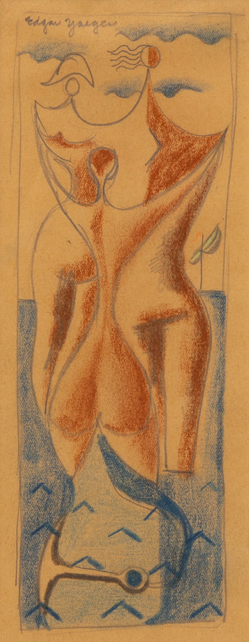 Edgar Louis Yaeger (American, 1904-1997) Colored Pencil and Graphite on Paper Abstract Nude, Ca.: Edgar Louis Yaeger (American, 1904-1997) Colored Pencil and Graphite on Paper Abstract Nude, Ca. 1950, H 8.75" W 3.5" Frame Size: H 11.25" W 6" Signed upper left. Depicting abstract nude figures risin