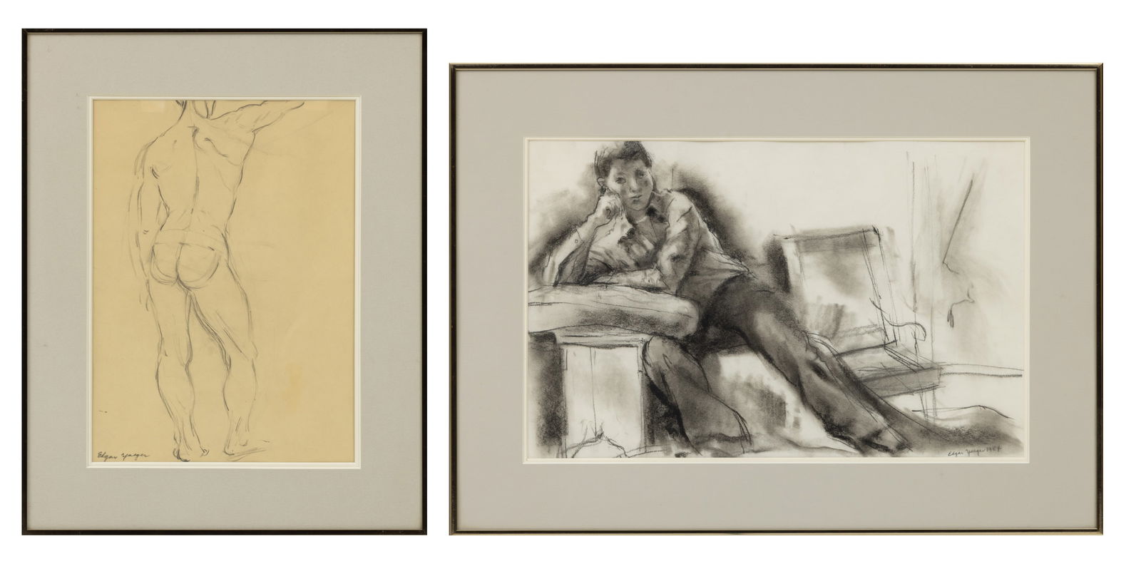 Edgar Louis Yaeger (American, 1904-1997) Charcoal and Pencil on Paper 2 PCS: Edgar Louis Yaeger (American, 1904-1997) Charcoal and Pencil on Paper 2 PCS One signed and dated, 1984 lower right. Charcoal on paper, depicting a young man reclining on a chair. H 10.5" W 16.25" Fram