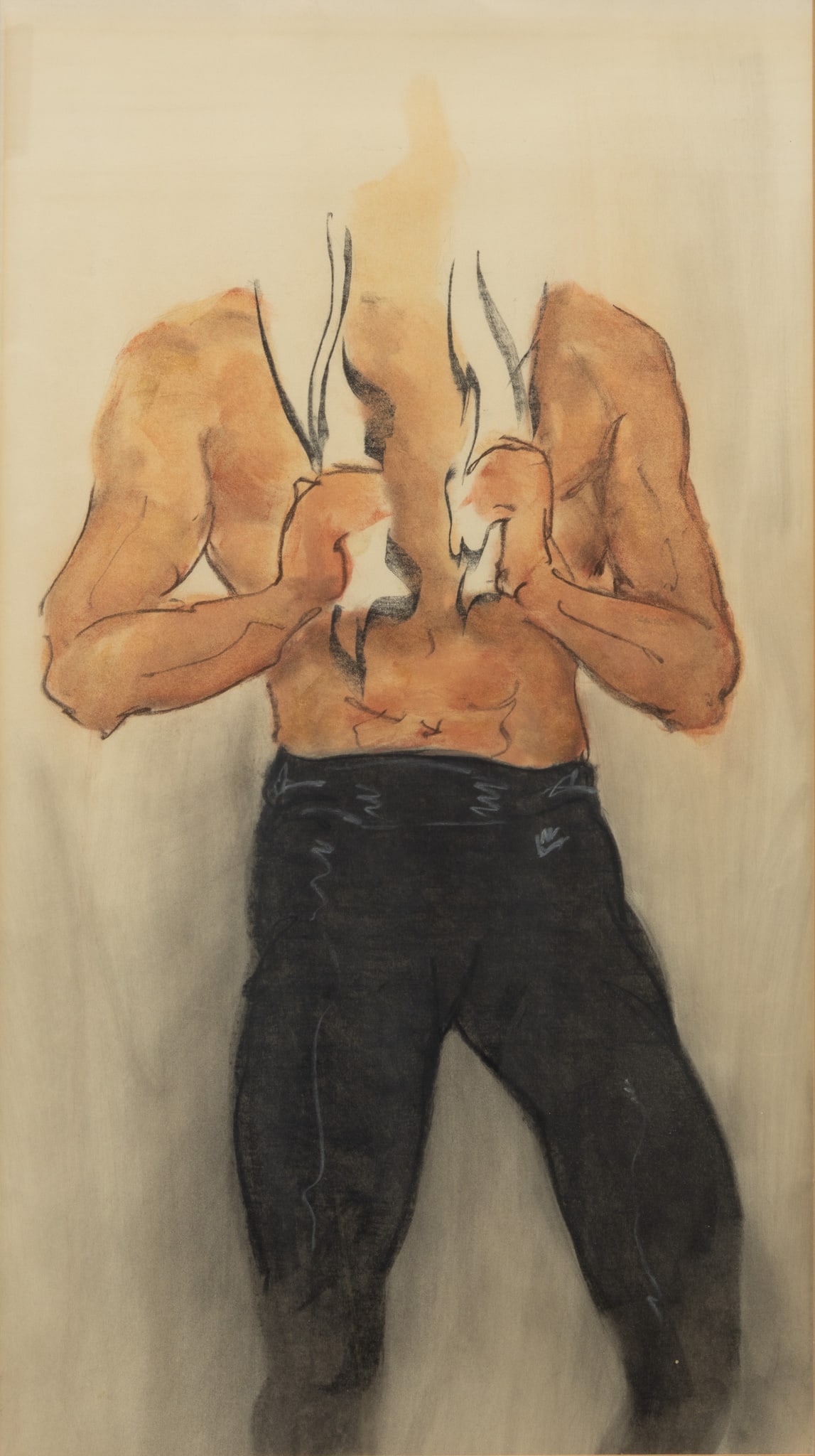 Attributed to Edgar Louis Yaeger (American, 1904-1997) Charcoal, Pastel, and Pencil on Paper 'Male: Attributed to Edgar Louis Yaeger (American, 1904-1997) Charcoal, Pastel, and Pencil on Paper 'Male in Jeans', H 26" W 14.75" Frame Size: H 21" W 23" Unsigned. A charcoal and colored pastel sketch depi