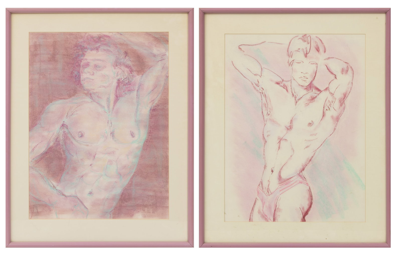 Pastel Drawings on Paper, Ca. 1985, 'Male Studies', 2 PCS: Pastel Drawings on Paper, Ca. 1985, 'Male Studies', 2 PCS Pink and green male figural study drawings. Not signed. Provenance: From the same private collection that also contained works by Edgar Yeage