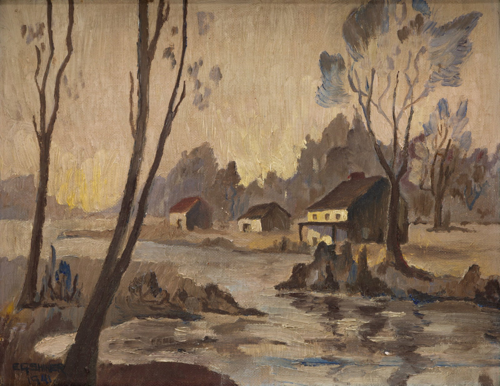 Edith G. Shiner (American/New Jersey, 20th C.) Oil on Artist Board, 1941, 'East Coast Riverscape', H (1 of 4)