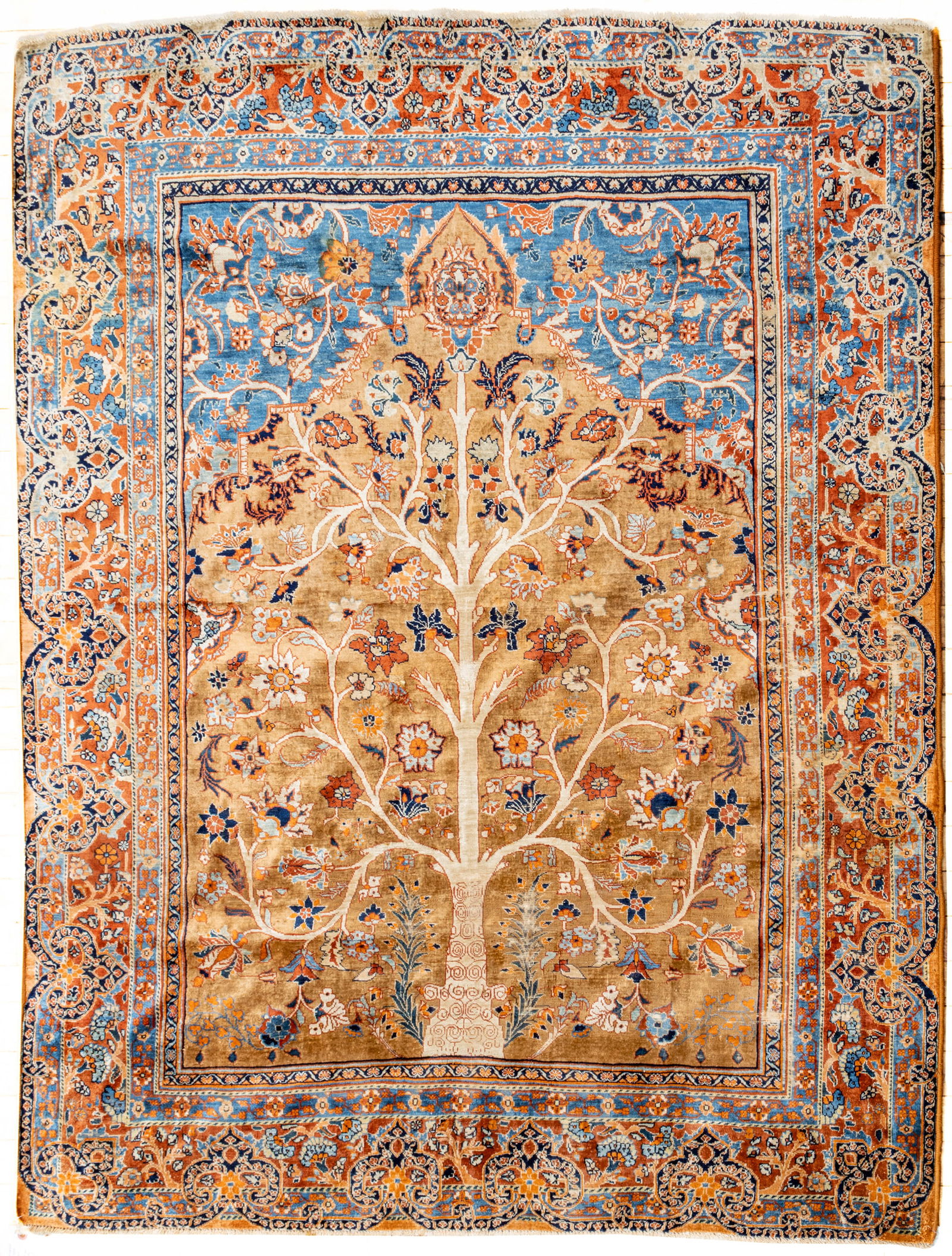 Persian Qum Handwoven Silk Tree of Life Prayer Rug, Mid 20th C., W 4' L 5' 3" (1 of 10)