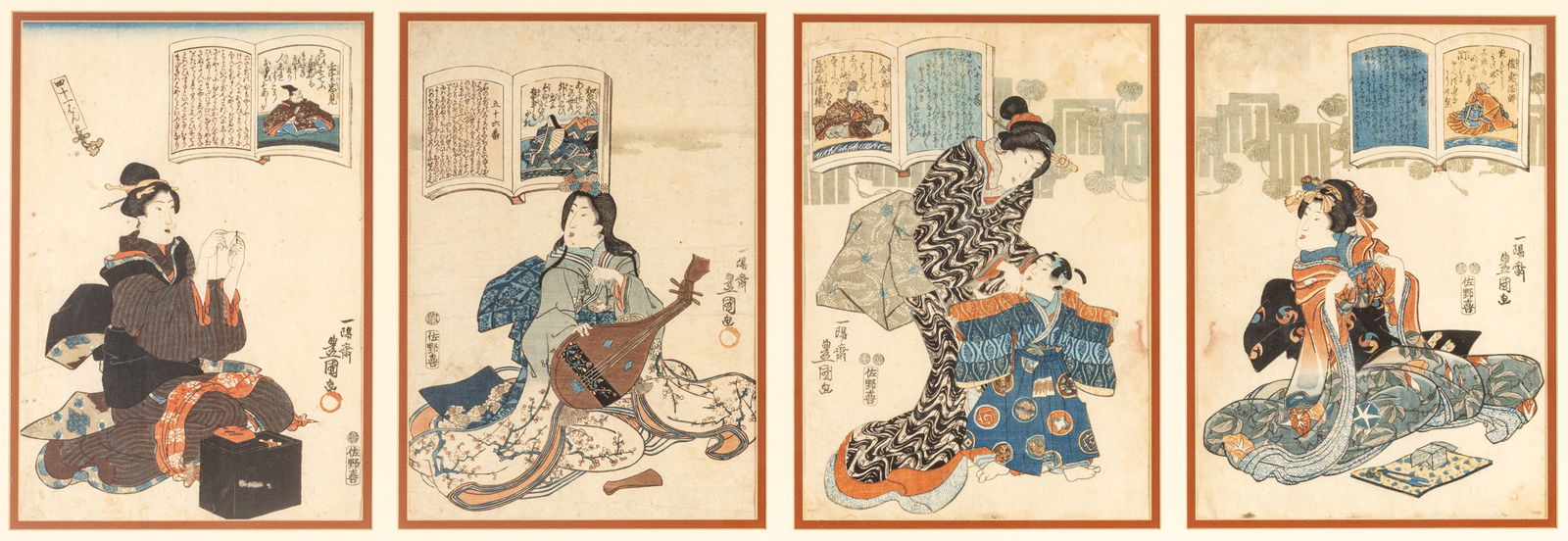 Utagawa Kunisada (Toyokuni Iii) (Japanese, 1769-1825) Quadriptych Woodblock Prints, Ca. 19th C., H: Utagawa Kunisada (Toyokuni Iii) (Japanese, 1769-1825) Quadriptych Woodblock Prints, Ca. 19th C., H 13.5" W 9" Frame Size: H 22.75" W 49.5" Four woodblock prints from the series One Hundred Poems by On