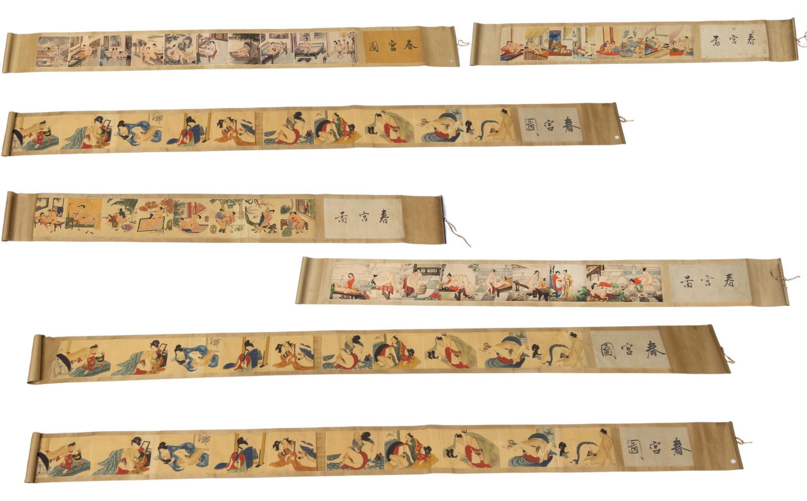 Japanese Shunga Hand Scroll Offset Erotic Prints on Fabric Paper, 20th C., 7 PCS (1 of 19)