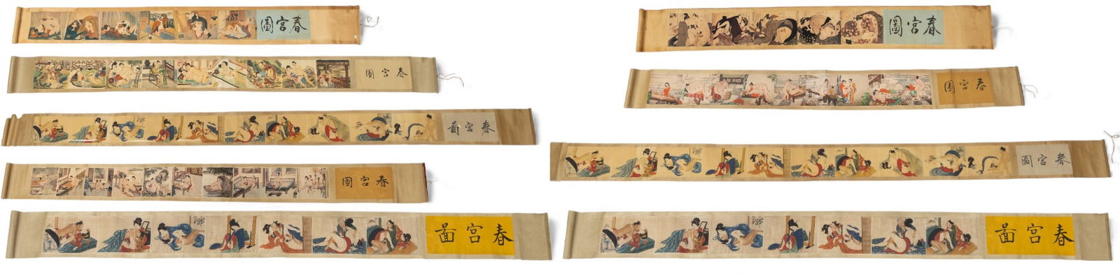 Japanese Shunga Hand Scroll Offset Prints on Fabric Paper, 20th C., 8 PCS (1 of 20)