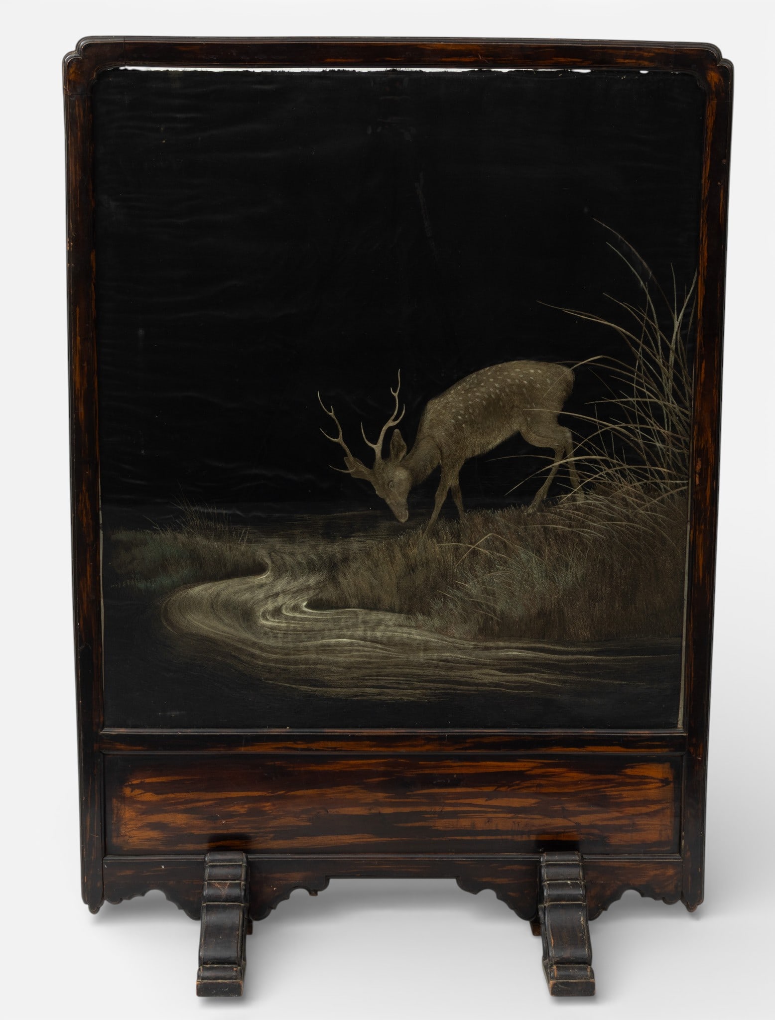 Chinese Silk "Su" Embroidery Needle Painting in Free Standing Frame. 1900, 'Stag Drinking', H 30" W (1 of 3)