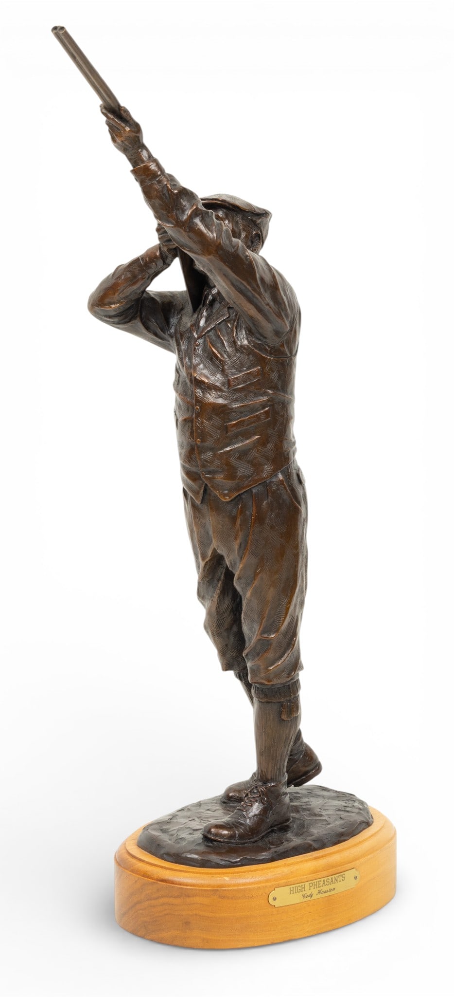 Cody Houston (American, B. 1941) Bronze Sculpture, #24/35 2001, 'High Pheasants', H 23.75" W 6": Cody Houston (American, B. 1941) Bronze Sculpture, #24/35 2001, 'High Pheasants', H 23.75" W 6" Depth 9.5" Standing hunter figure taking aim with raised rifle. Signed on base Cody Houston, 2001. Raise