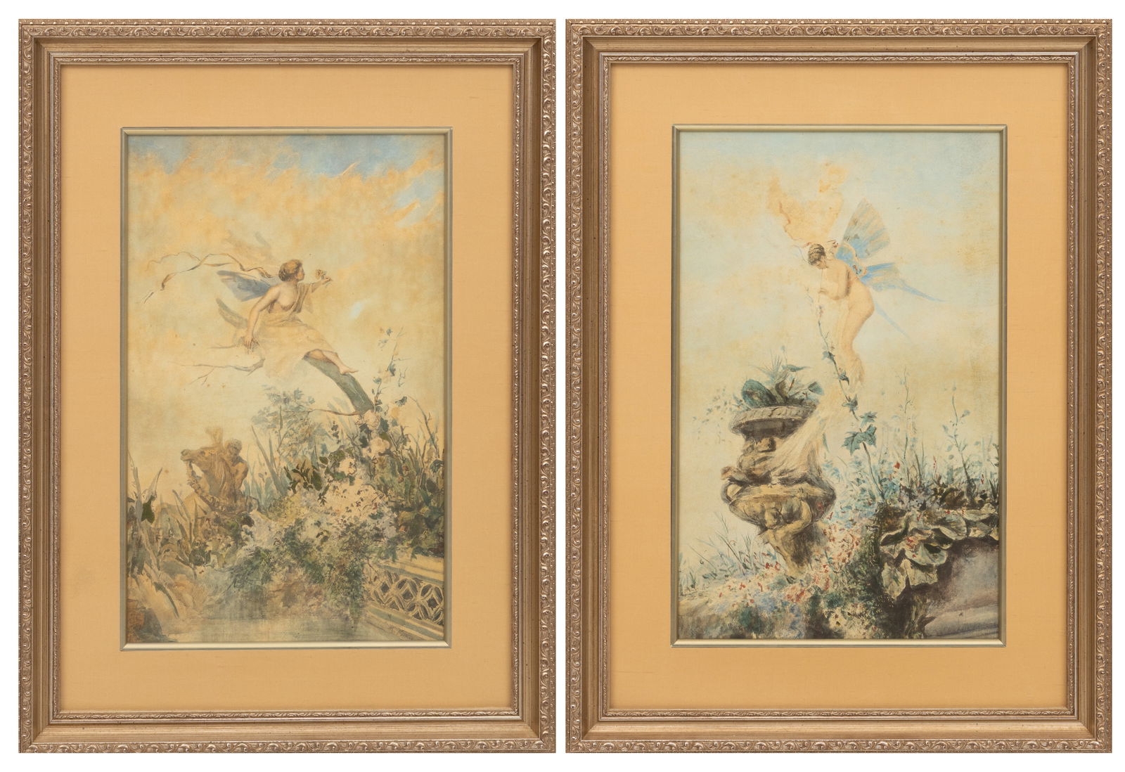 Pair of M. Fortuny Watercolors on Paper 19th C., 'Fairies in Gardens', H 19" W 12" Frame Size: H 27" (1 of 11)