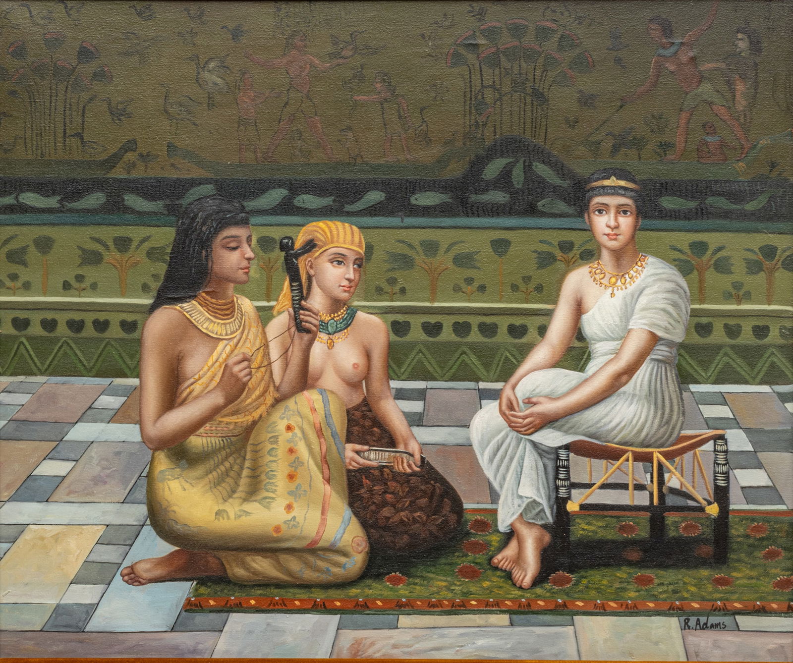 R. Adams (American) 20th Century Oil on Canvas 'The Pharaoh's Daughter Finding Moses', H 20" W 24" (1 of 8)