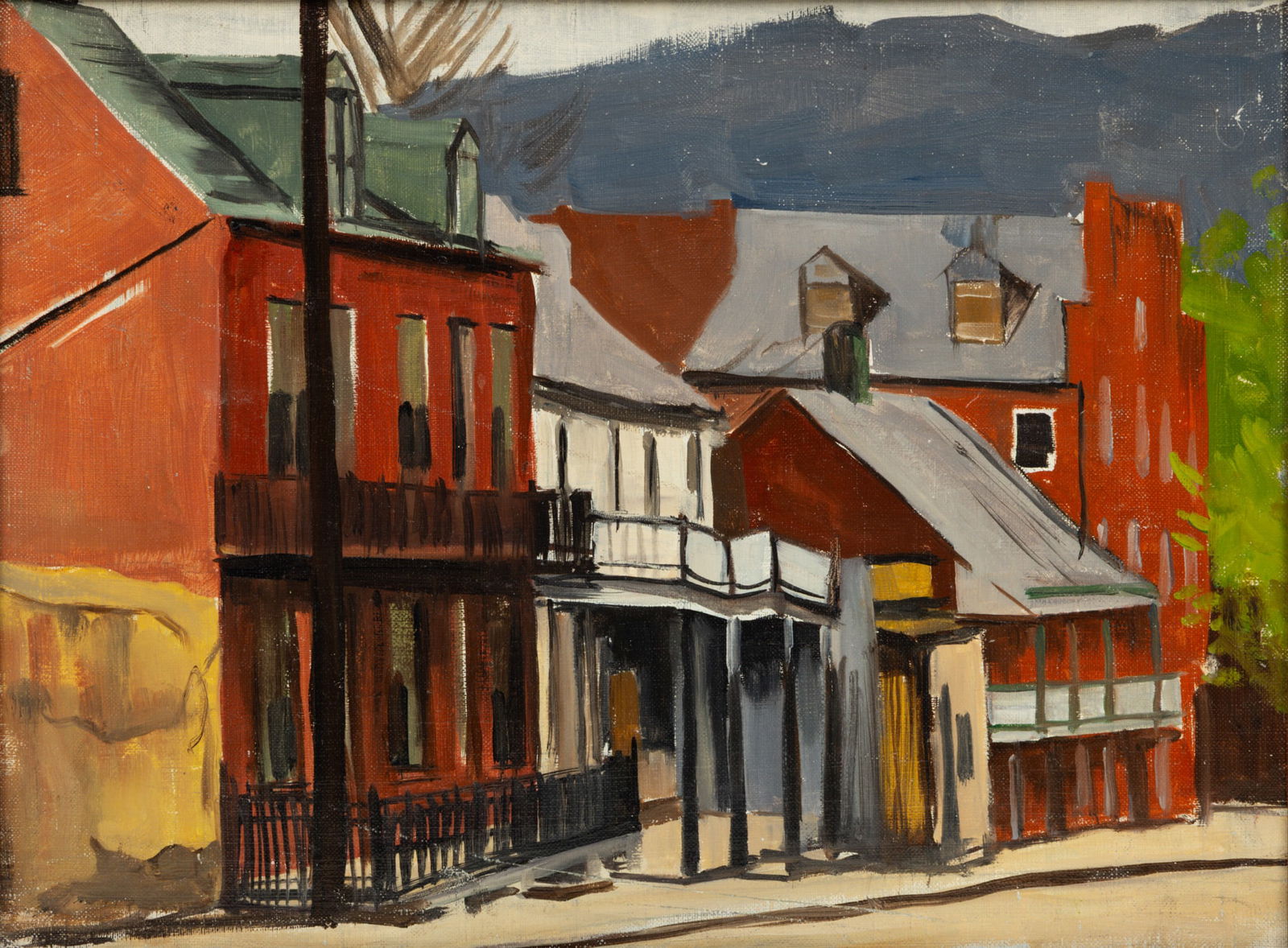 Spurgeon Tucker (American, 1894-1968) Oil on Canvas Board 'View of Main Street', H 12" W 16" Frame: Spurgeon Tucker (American, 1894-1968) Oil on Canvas Board 'View of Main Street', H 12" W 16" Frame Size: H 12" W 16" Unsigned. Depicting the main street of an unidentified American town. Having a carv