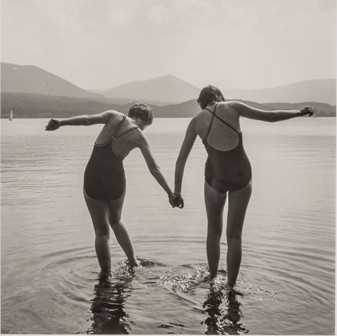 David Williams (Scottish, B. 1952) Gelatin Silver Print, 1984, 'Two Senior Girls, Loch Morlich from: David Williams (Scottish, B. 1952) Gelatin Silver Print, 1984, 'Two Senior Girls, Loch Morlich from 'Pictures from No Man's Land'', H 10.75" W 10.75" Frame Size: H 19.5" W 18.25" Matted and framed und