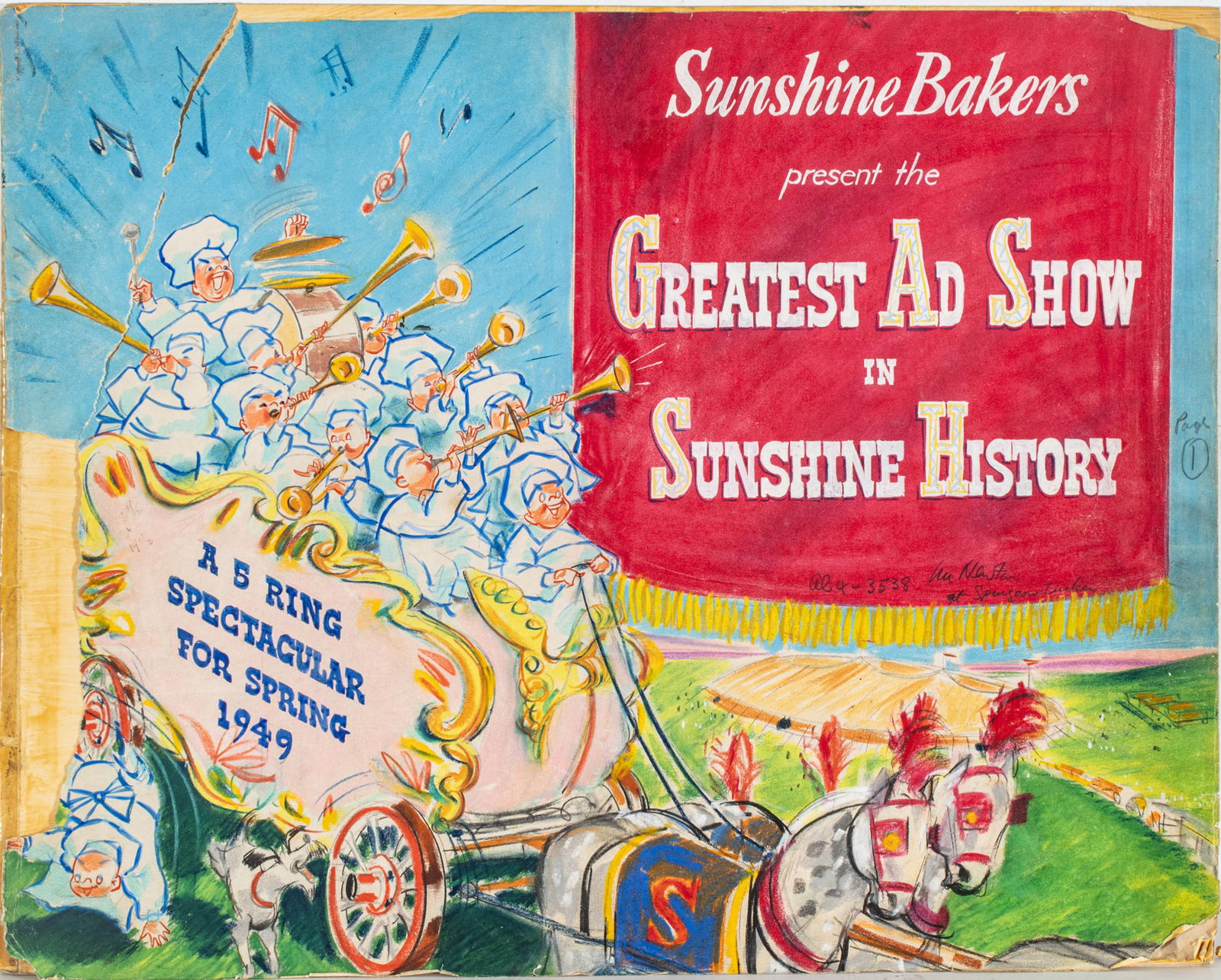 Sunshine Bakers Original Hand Colored Advertising Rendering, Ca. 1948, 'Circus Themed Proposal (1 of 10)