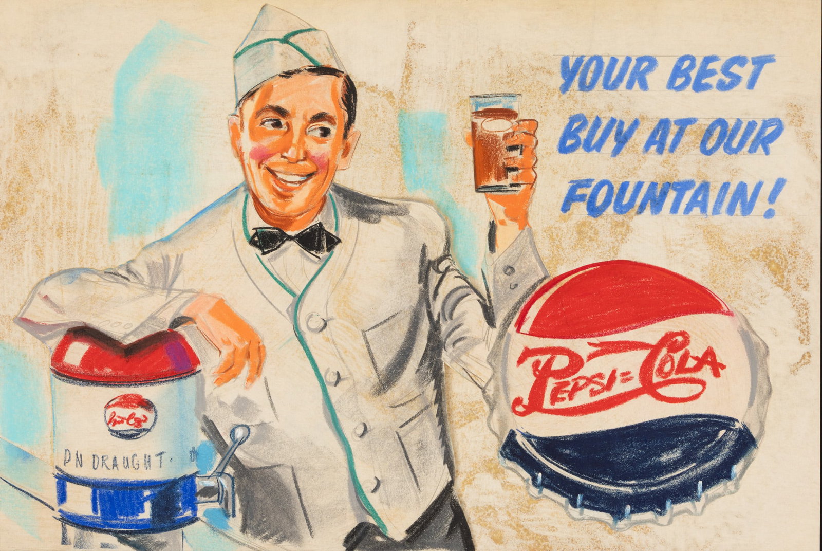 Pepsi-Cola Original Hand Colored Advertising Rendering 1935-1945, 'Your Best Buy at Our Fountain', H (1 of 5)