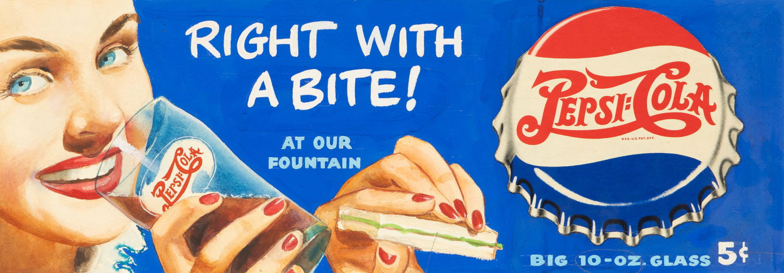 Pepsi-Cola Original Hand Colored Advertising Rendering 1935-1945, 'Right with a Bite!', H 9" W 22" (1 of 4)